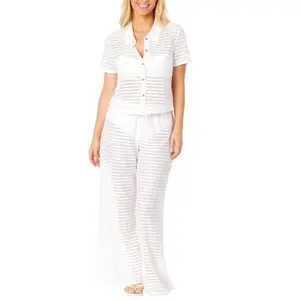 Hurley Women's 2 Piece Crochet Swim Cover Up Set, Short Sleeve Top and Pant (White, Large)