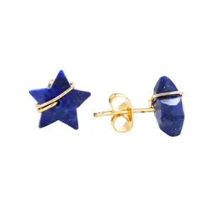 Lapis Lazuli Star Stud Earrings 14K Gold Plated Wire Wrapped Blue Gemstone Earrings Dainty Women Jewelry Accessory Simple Elegant Star Earrings for Daily Wear & Gift