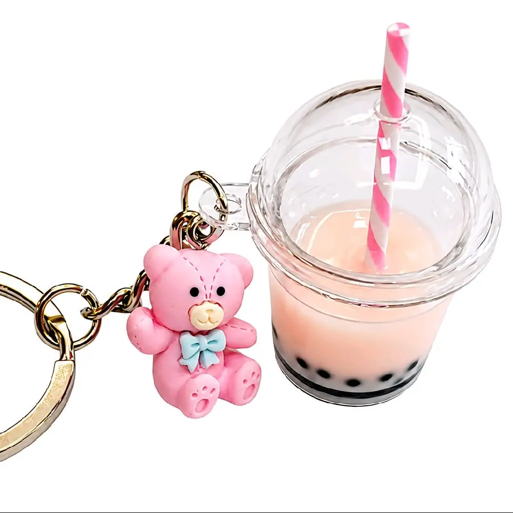 Pink Boba Drink Themed Bear Charm Keychain