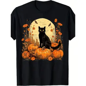 Halloween Black Cat & Pumpkins Graphic T-Shirt - Autumn Floral Design, All-Season Comfort, Casual Streetwear Style, Regular Fit Round Neck Tee for Adults, Machine Washable, Halloween Clothes