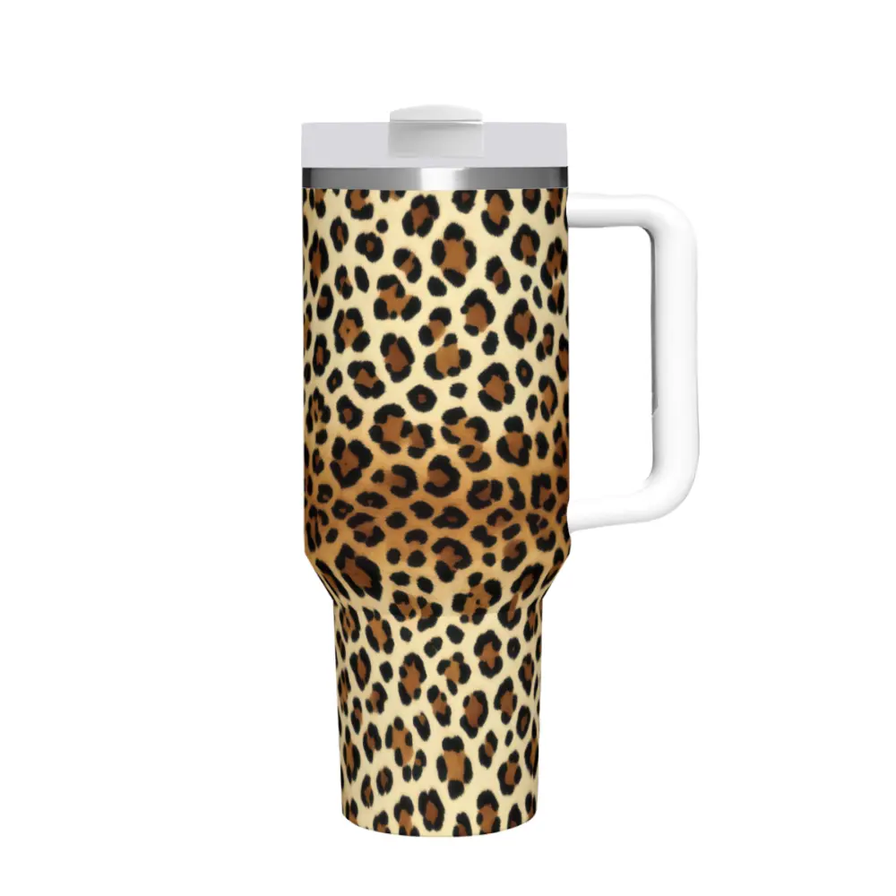 40oz Sturdy Insulated Stainless Steel Tumbler - Classic Yellow Leopard Print, Portable Leak-Proof Travel Mug with Handle, Fits Car Cup Holders, Ideal for Beach & Coffee Use, Stylish