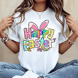 Happy Easter Bunny Ears And Colorful Text Print T Shirt White Casual Short Sleeve Tee For Spring Holiday Celebration