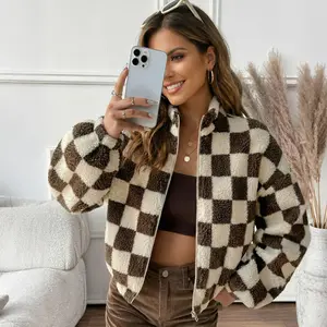 Woman's Brown White Checkered Teddy Fleece Jacket Fluffy Soft Warm Lightweight Cropped Stand Collar Full Zip Loose Lantern Sleeve Retro American Style Casual Outerwear Daily Dating Travel Commuting Streetwear