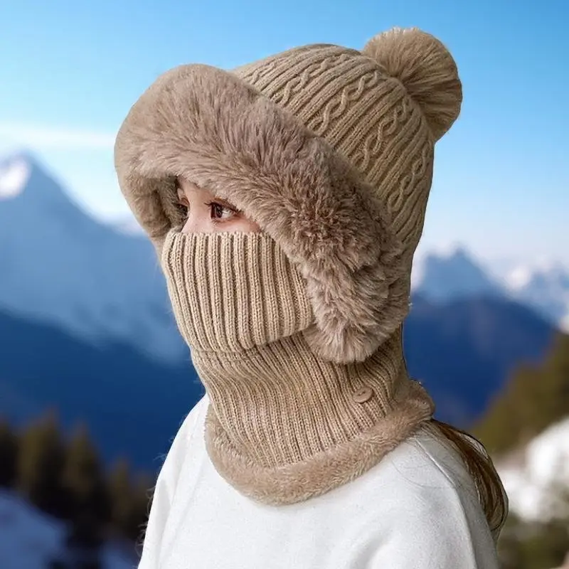 One Piece Pom Pom Beanie - Plush Stretch Knit Scarf Hat Neck Warmer for Outdoor Cycling Hiking​