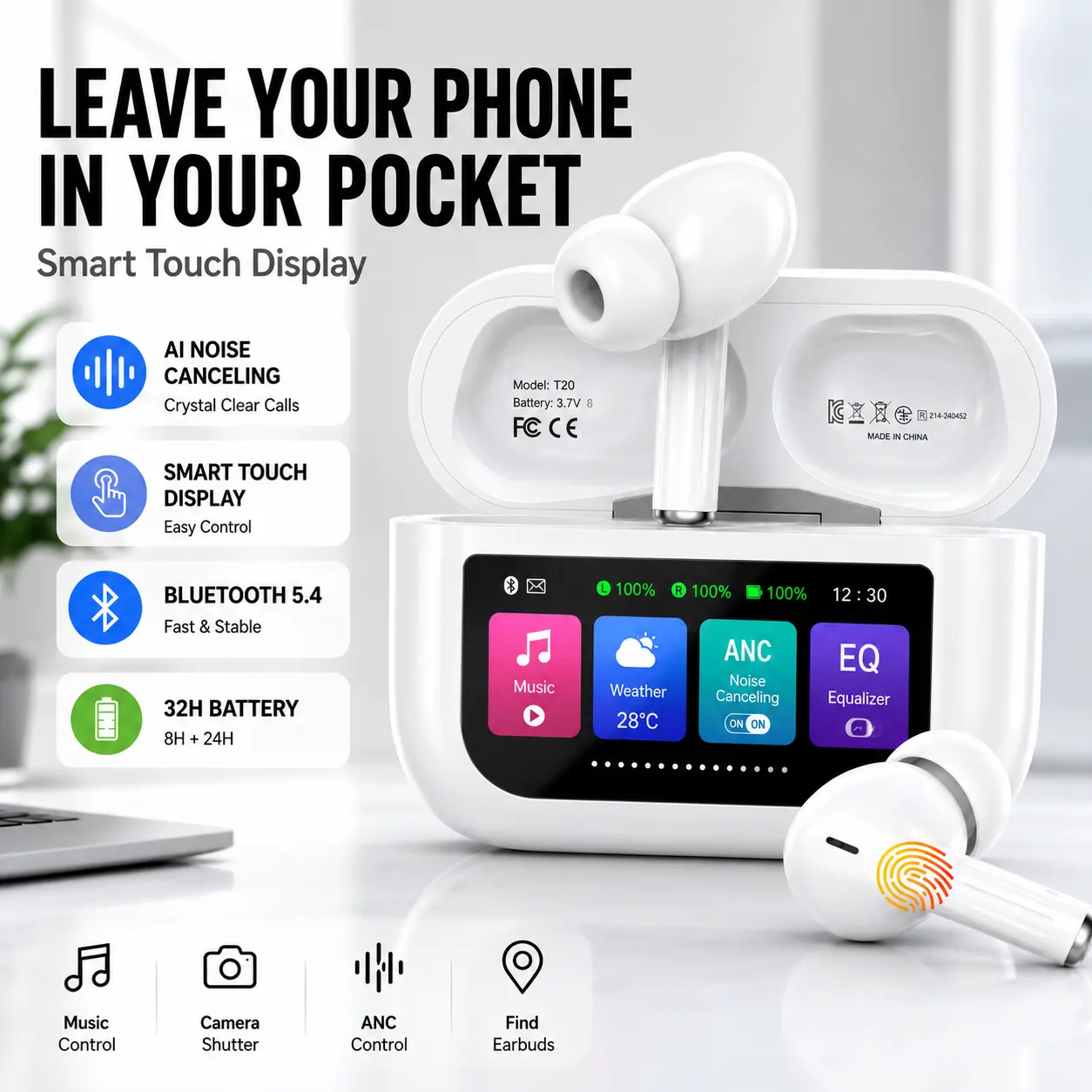 GREATWALL Smart Touch Display Wireless Earbuds, Bluetooth 5.4 Noise Cancelling Earbuds with LCD Screen, Music Control, Camera Control, for iPhone & Android