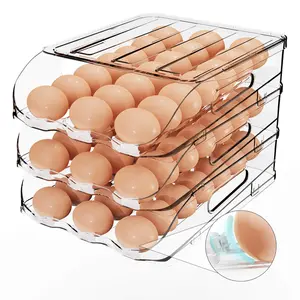 Egg Holder For Fridge  Automatic Steady Rolling Dispenser With Silicone Bumpers & Handle Refrigerator Large Capacity Organizer Lid