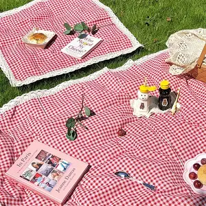 Outdoor Picnic Mat, Multifunctional Tablecloth, Checkered Blanket with Lace Trim, Camping Accessory, Beach Photography Accessories