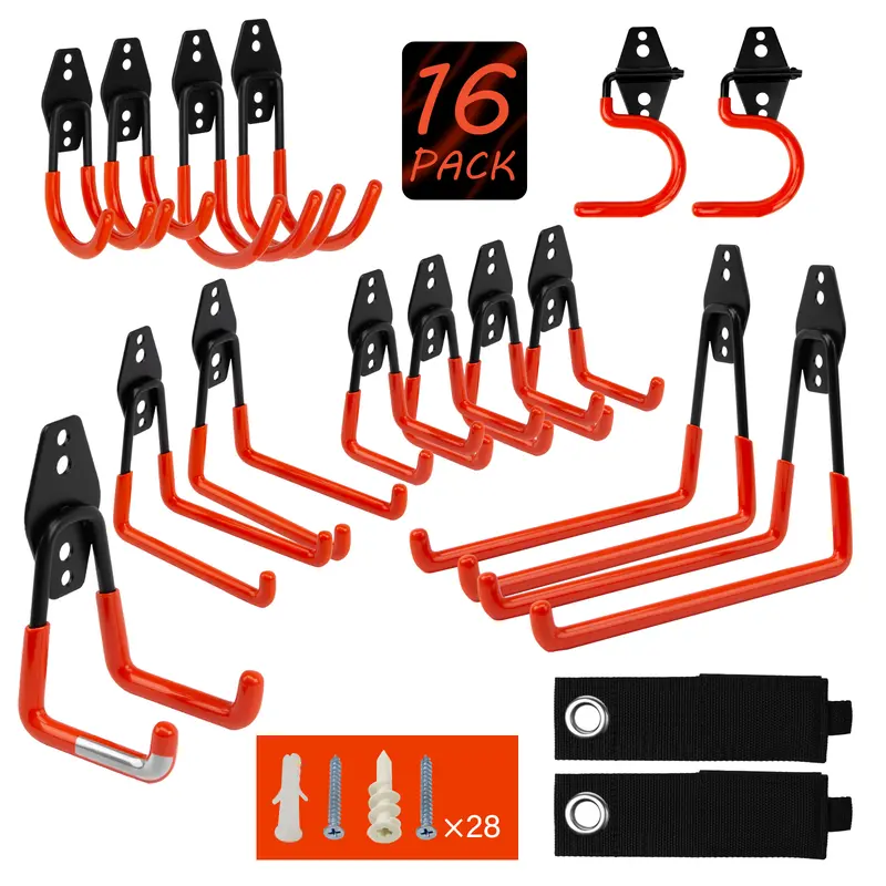 16PCS Heavy Duty Wall-Mounted Garage Storage Hooks Set with Hardware & Straps Multi-Shape Organizer for Tools Bikes Ladders Garden Equipment in Garage Shed Workshop