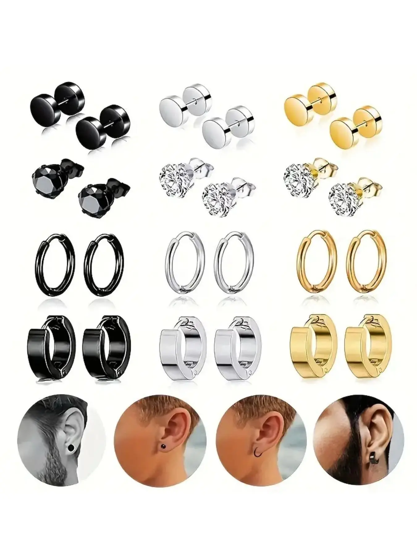 Stainless Steel Ear Studs & Hoop Earrings, Flat Pierced Jewelry, Fashionable Minimalist Earrings Set for Women & Men, Trendy All-match & Exquisite Jewelry for Birthday Gift, Stainless Steel Hoops