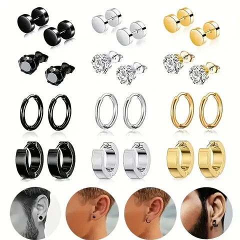 Stainless Steel Ear Studs & Hoop Earrings, Flat Pierced Jewelry, Fashionable Minimalist Earrings Set for Women & Men, Trendy All-match & Exquisite Jewelry for Birthday Gift, Stainless Steel Hoops