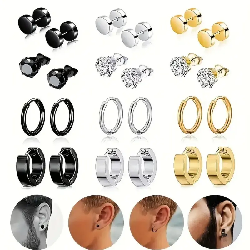 Stainless Steel Ear Studs & Hoop Earrings, Flat Pierced Jewelry, Fashionable Minimalist Earrings Set for Women & Men, Trendy All-match & Exquisite Jewelry for Birthday Gift, Stainless Steel Hoops