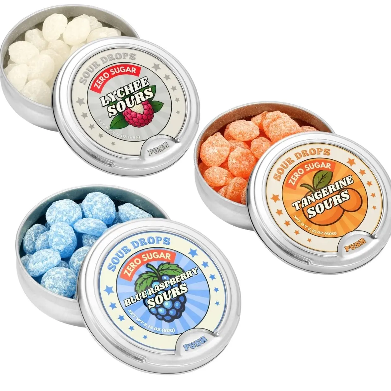 Sour Drops | Zero Sugar Sour Candy | Tangerine, Lychee, Blue Raspberry | 3 Pack | No Artificial Dyes or Sweeteners