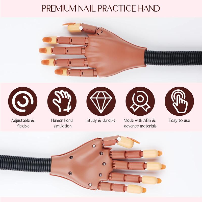 Practice Hand for Acrylic Nails, Flexible Moveable Fake Hands, Manicure Trainng Hand Nail Kit for Beginners, Movable Nail Maniquin Hand with 200PCS Nail Tips, Nail Glues, Brush and Clipper