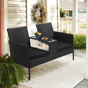 Outdoor Patio Loveseat with Storage Table, Handwoven Rattan with Washable Covers, for Porch, Balcony, Backyard, Conversation Furniture
