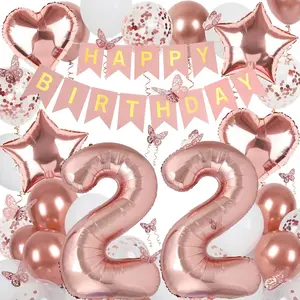 Rose Gold 22th Birthday Decorations for Women, 22 Year Old Sign with Happy Birthday Banner, 40In Number 22 Foil Birthday Balloons, Butterfly Decorations, Heart and Star Balloons