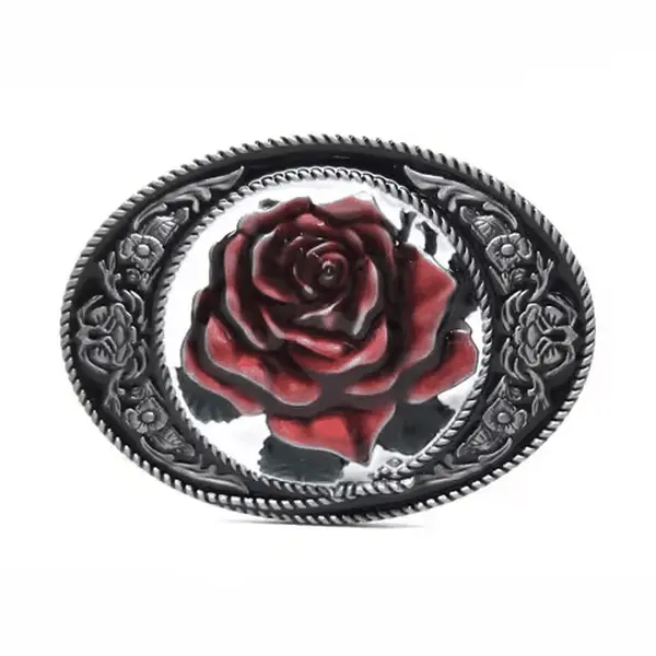 Red Rose Flower Belt Buckle with Filligree