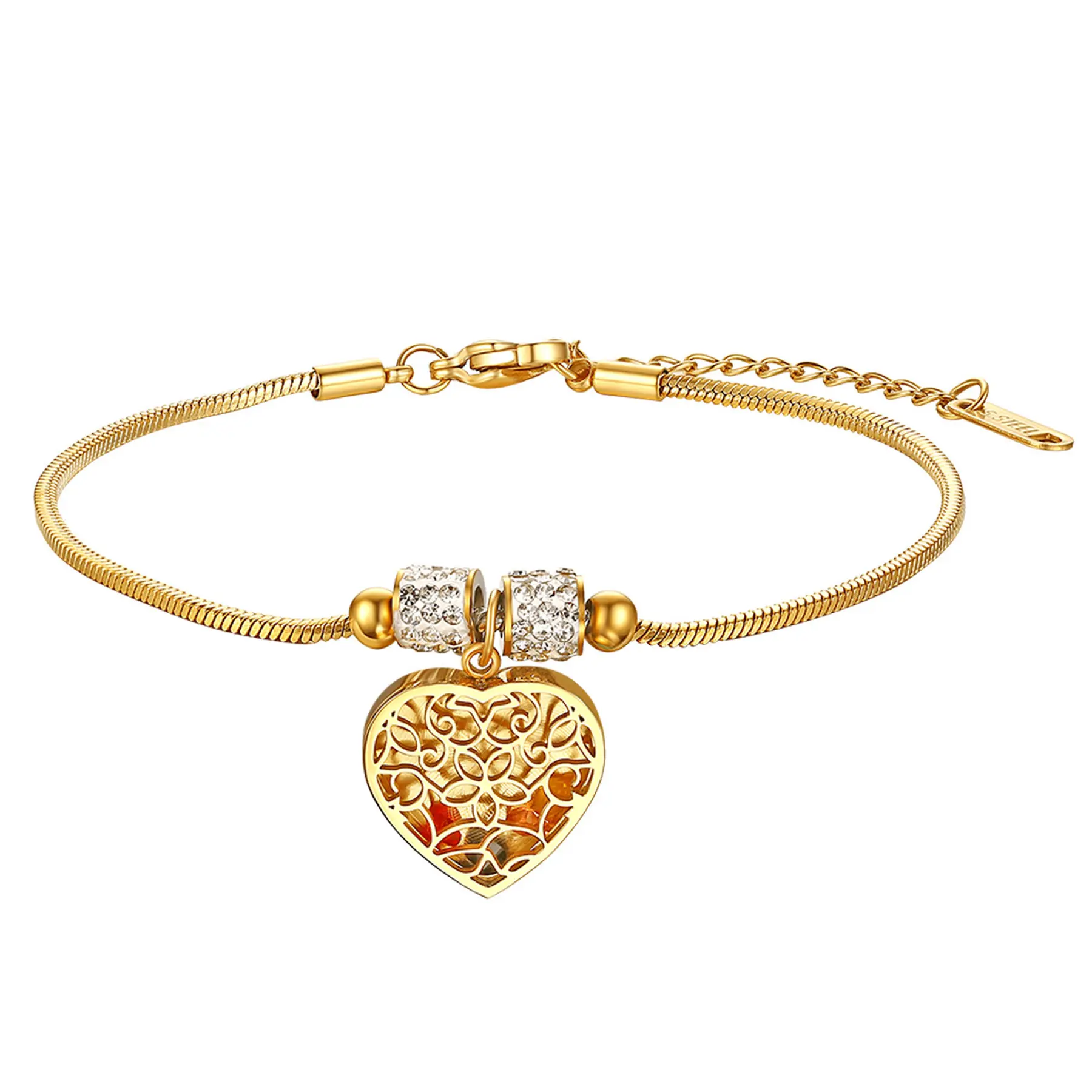 OIDEA Women's Stainless Steel Resists Tarnish Hollow Heart Charm Bracelet - Rose Gold, Colorful Crystal Rhinestones, 7.28in Chain with 1.37in Extension, Adjustable, Romantic Bling Effect Female Anniversary Gift, 7.28" Chain, 1.37" Extension, Adjustable Si