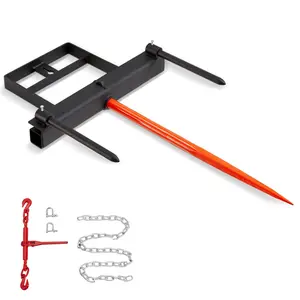39-Inch Hay Bale Spear Set For Skid Steer Loader Buckets, Bale Spear Attachment With 1600 Lbs Capacity, Includes Two 17.5-Inch Stabilizer Spears And 60-Inch Chain, Quick Attach Spike Forks For Tractor Bucket, Farm Utility