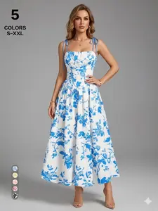 Women’s White & Blue Floral Graduation Dress 2026 – Elegant Sleeveless Tie-Strap Midi Dress – Under-Dress Graduation Outfit for Class of 2026 – Cottagecore Sundress for Parties, Sizes S–XXL