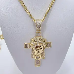 Xuping Religious Jewelry Gift - C21 Gold-Plated Jesus Cross Pendant, 23in Cuban Link Chain, Rhinestone Detailing, Statement Necklace for Everyday Wear or Gifting