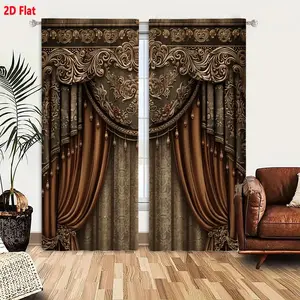 2D Flat  Luxury Brown Sheer & Heavy Draped Curtain 2-Piece Set with Gold Ornate Valance, Embossed Striped Panels & Teardrop Pendants for Theater/Royal Hall, Warm Brown Gold Red Color Palette