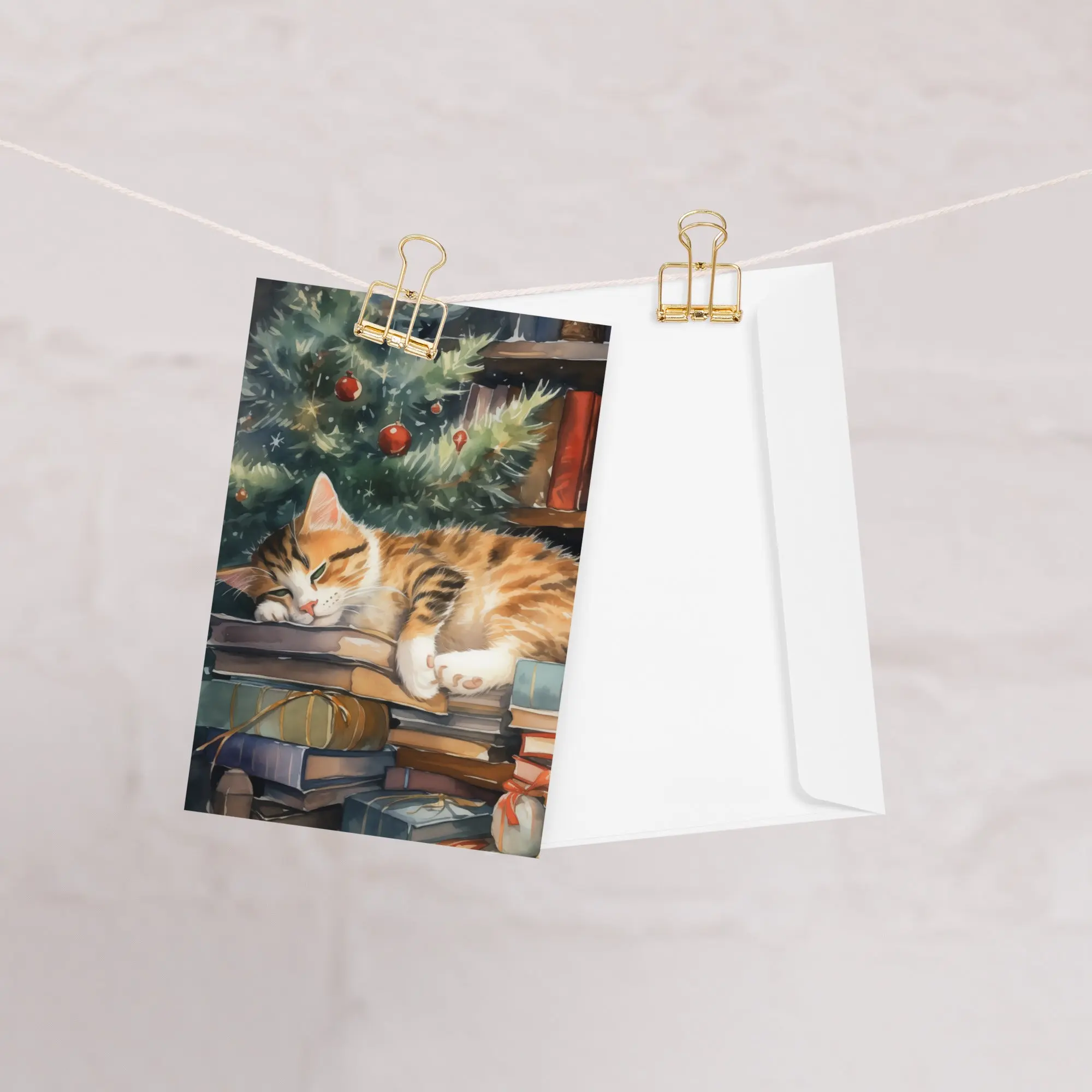 Cat Christmas with Books Greeting card