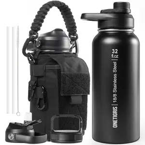 ONETIGRIS 32 oz Insulated Water Bottle with Straw - Tactical Stainless Steel Water Jug, Leakproof Thermos Wide Mouth Sport bottle with 3 Lids and Sleeve for Travel, Gym, Camping, Hiking
