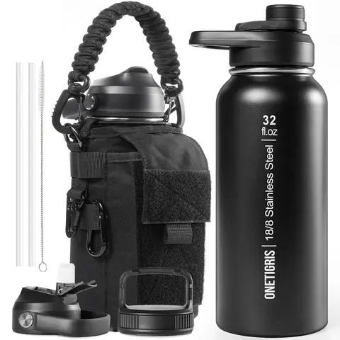 ONETIGRIS Leakproof Sports Bottle - 32 oz Unisex Double Wall Vac Food-Grade SS Insulated Thermos, Wide Mouth Jug with 3 Lids, Sleeve, Paracord Handle, Scratch Guard, Emergency Tool Cord, Straw Deep Clean Tool, Tactical Look for Gym, Outdoor Trips