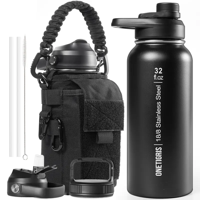 ONETIGRIS Leakproof Sports Bottle - 32 oz Unisex Double Wall Vac Food-Grade SS Insulated Thermos, Wide Mouth Jug with 3 Lids, Sleeve, Paracord Handle, Scratch Guard, Emergency Tool Cord, Straw Deep Clean Tool, Tactical Look for Gym, Outdoor Trips