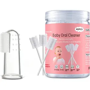 Baby Tongue Cleaner 42Pcs Disposable Infant Toothbrush Gauze Gum Cleaner Baby Oral Cleaning Stick Dental Care for 0-36 Months Free 1 Finger Toothbrush