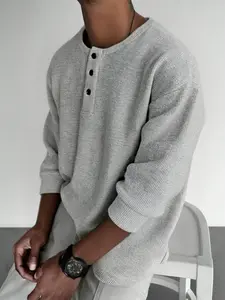 Men's Cozy Light Gray Henley Pullover, Versatile Long Sleeve Knitwear for Casual Outfit, Loungewear and Travel, Soft Breathable Fabric