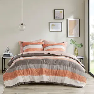 Madison Park Essentials MPE10-1075 90 x 90 x 1.5 in. Jaxon Stripe Comforter Set with Bed Sheets, Coral & Grey - Queen Size