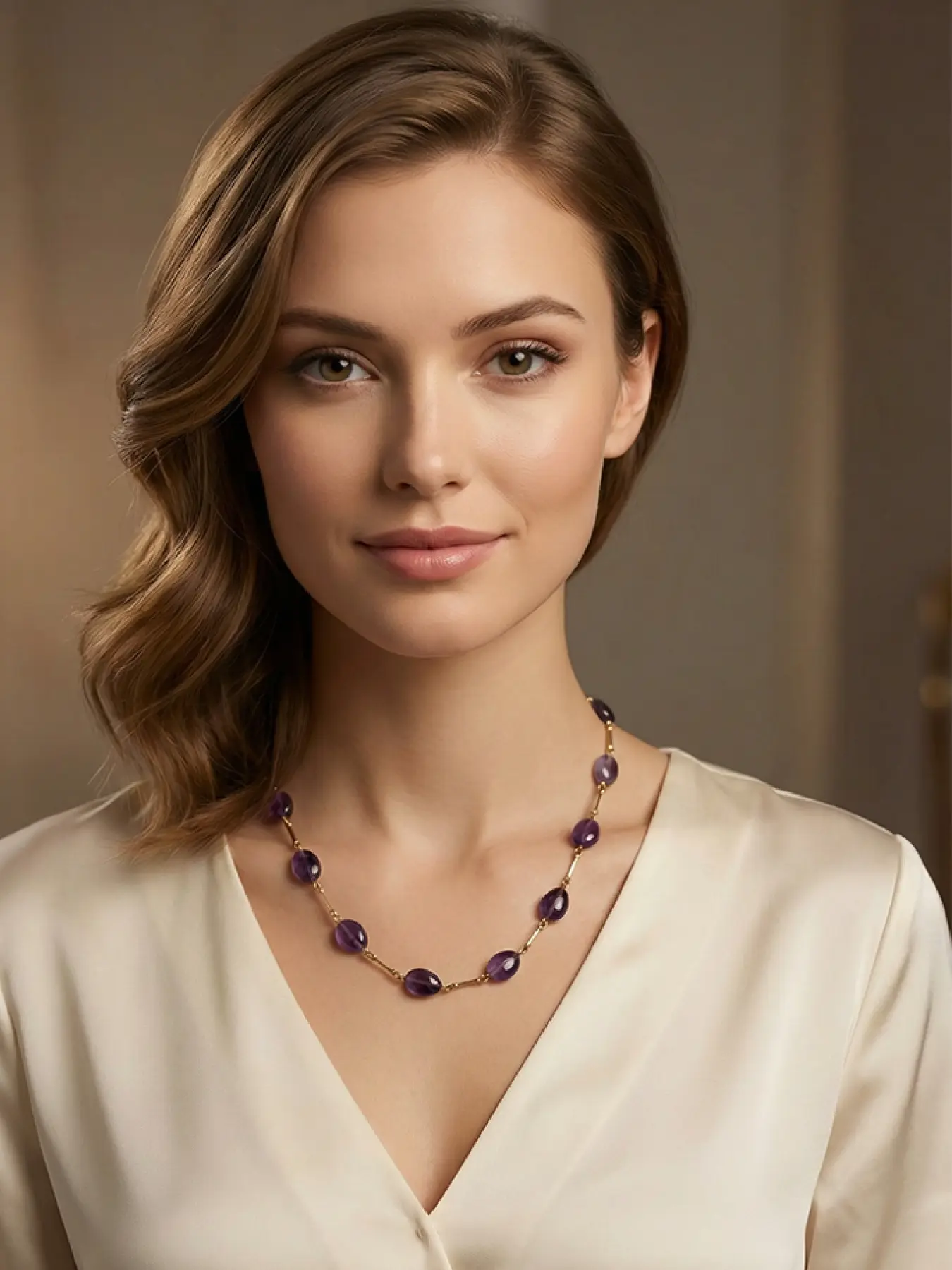 A vintage vintage vintage gold chain water drop amethyst necklace, crafted with a delicate antique gold chain to create a gentle and intellectual texture, suitable for daily commuting, light business, and intellectual fashion scenes.