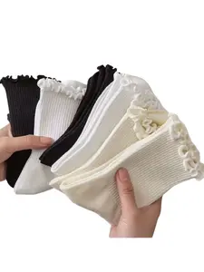 6 Pairs Mixed Pack Ribbed Anklet Socks for Women, Milk Jk College Style, Trendy Fashion Female Socks Ruffles