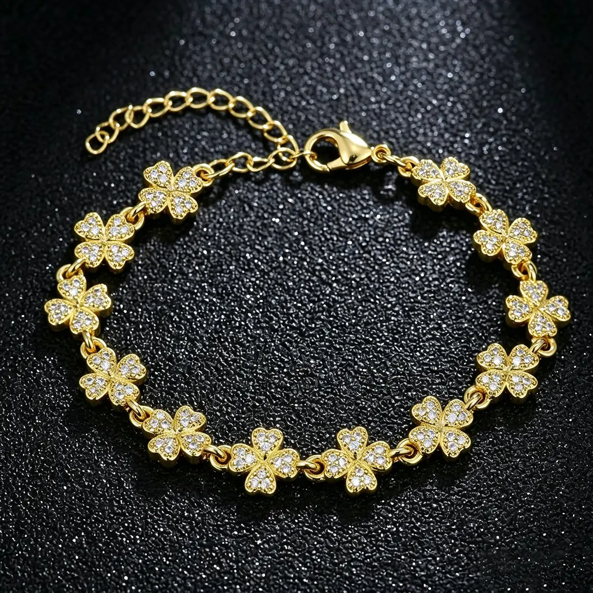 Women's 14K Gold Full Paved CZ 4-Leaf Clover Elegant Bracelet, High-Quality Luxury Costume Jewelry, Timeless Sparkle for Refined Women, Ideal for Christmas, Valentine's Day Gifts