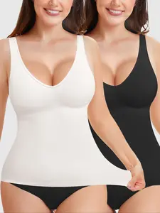 1/2 Piece Women's Shapewear Postpartum Outfit Tank Top Deep V Neck Tummy Control Bodycon Compression Vest Top, Seamless Casual Plain Design, All Seasons Christmas