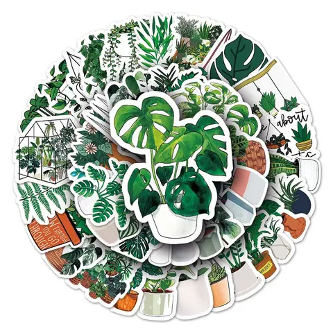 50pcs/Set Cartoon Potted Plants Pattern Sticker, Waterproof Self Adhesive Decor Paper, Decor Sticker for Gift Greeting Card Water Bottle Laptop Phone, Festival Gift, Decorative Sticker