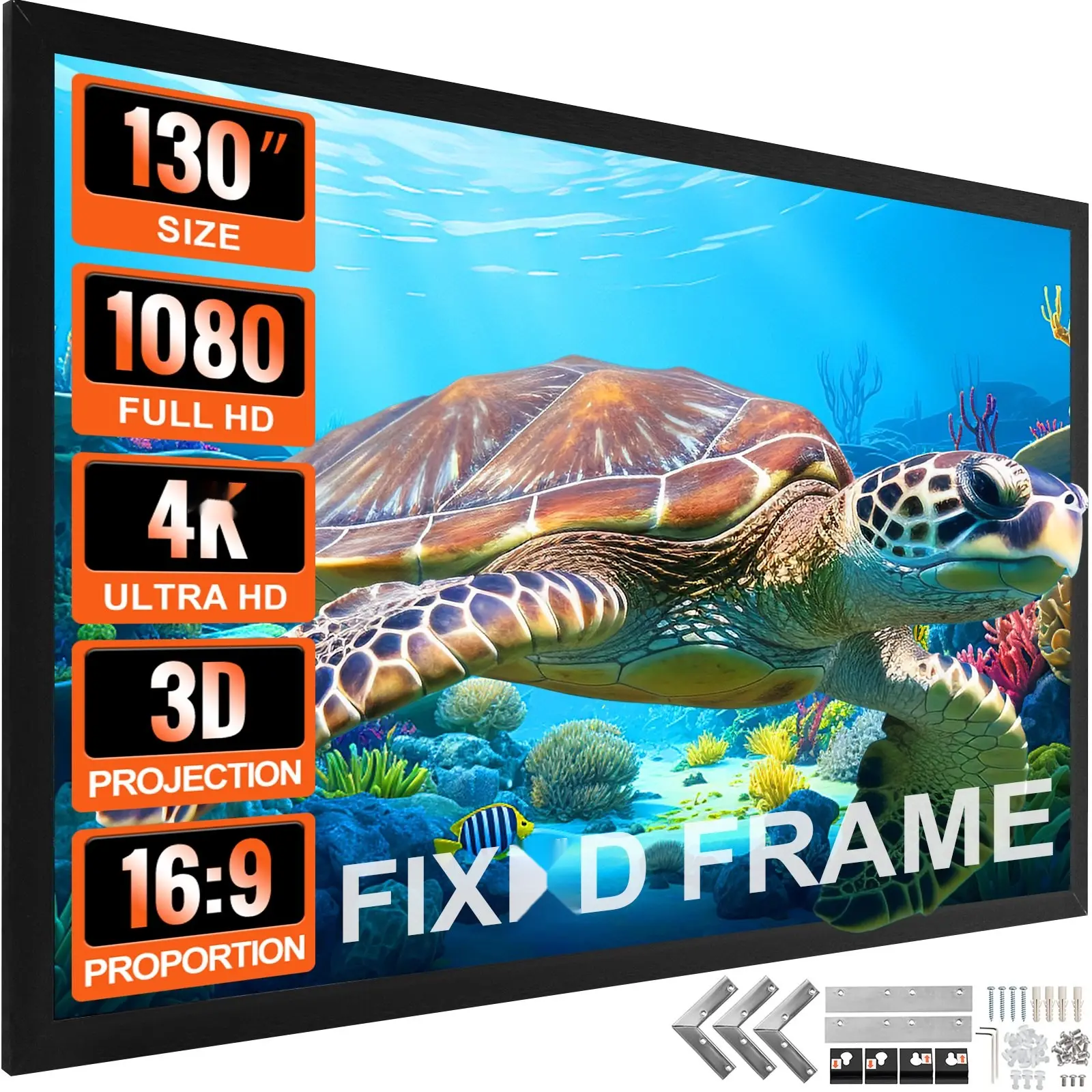 Fixed Frame Projector Screen 130-Inch Diagonal 16:9, 4K HDR Ready, Aluminum Frame, Wall Mounted Projection Screen For Home Theater, Living Room, Conference Room, And Office, Easy Setup, Durable Surface, Superior Image Quality