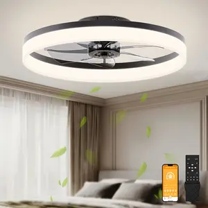 Low Profile Ceiling Fan with Light and Remote, 23.6in Flush Mount, Dimmable LED Fan Light, Bladeless for Bedroom (Black)