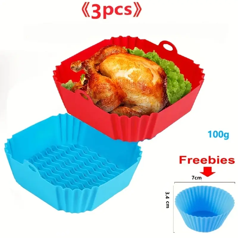 2 PCS Square Silicone Air Fryer Liners - 8 Inch Reusable Air Fryer Pot - Air Fryer Accessories - Air Fryer Inserts for 4 to 7 QT Oven Microwave Accessories (Red + Blue)