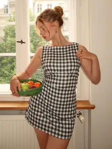 Women's Retro Gingham High-Waisted Belted Vest Dress, Slim Fit Sleeveless A-Line Short Dress, All Seasons Fashion