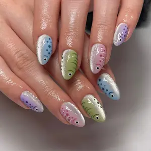 Kawaii Fish Press On Nails | Cute Animal Nail Art | Pastel Ocean Theme Fake Nails | Silver Cat Eye Almond Nails | Summer Vacation Nails P1M6RG