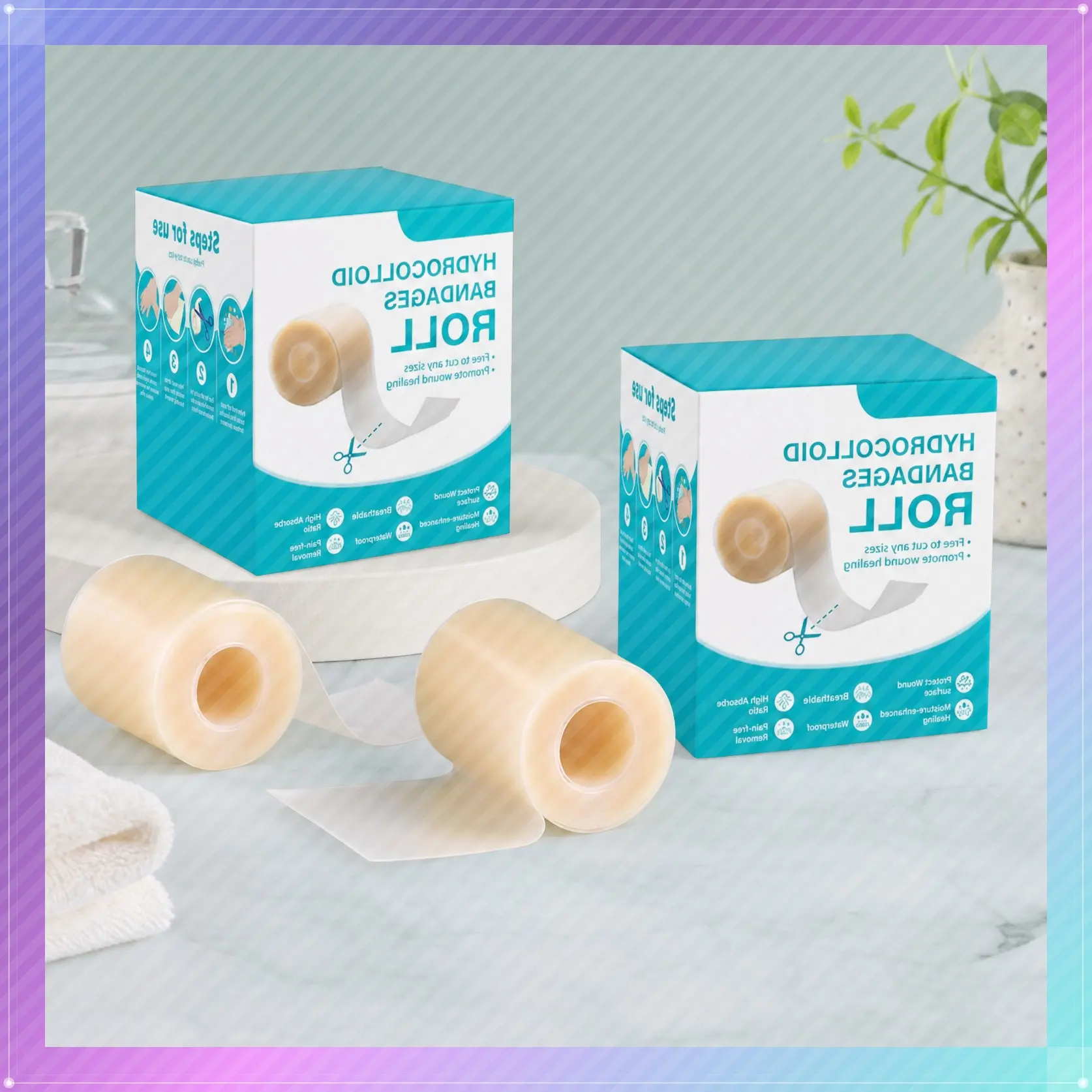 Sterile Hydrocolloid Bandage Roll (1.96in x 60in/1.5M) - Cuttable, Portable, Gentle, Breathable Hydrocolloid Plasters & Dressing Supplies for Daily First Aid, Blister Healing, Acne Treatment, Waterproof Barrier Shields Wounds