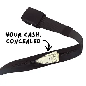 Covert Travel Belt — Nylon military-grade construction, hidden zip compartment, conceals cash and documents, TSA-friendly polymer buckle, built for travel and field use