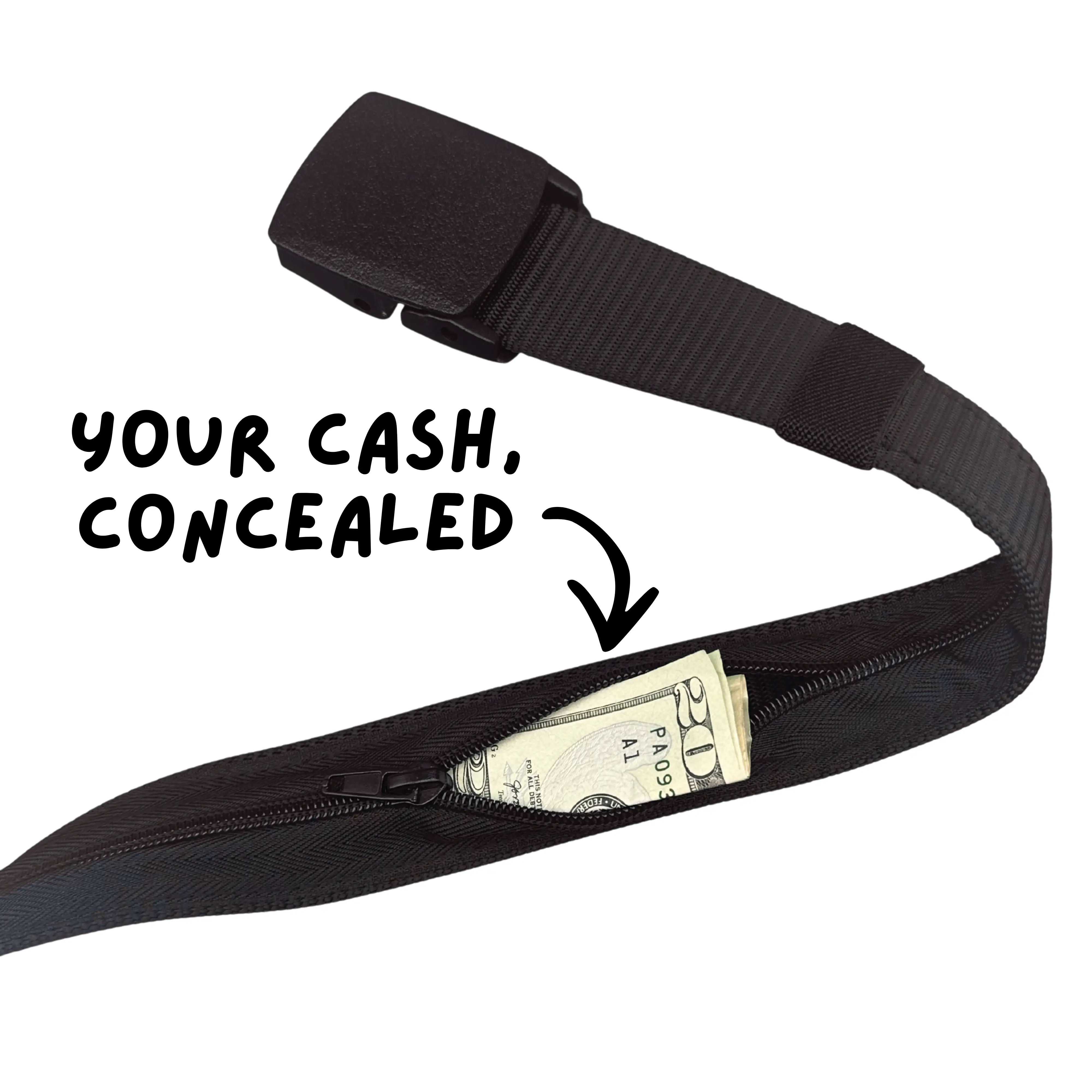 Covert Travel Belt — Nylon military-grade construction, hidden zip compartment, conceals cash and documents, TSA-friendly polymer buckle, built for travel and field use
