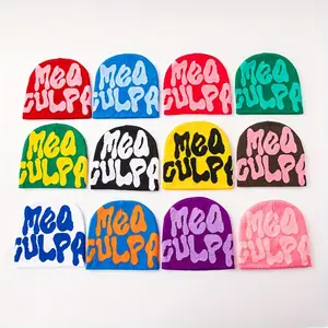 "Mea Culpa" Pattern Beanie-Fashion Y2g Style Knitted Skull Hat, Bright Colors, Soft and Elastic Acrylic for Ultimate Comfort, Warm and Comfortable, Suitable for Winter-Gray, blue, Etc.
