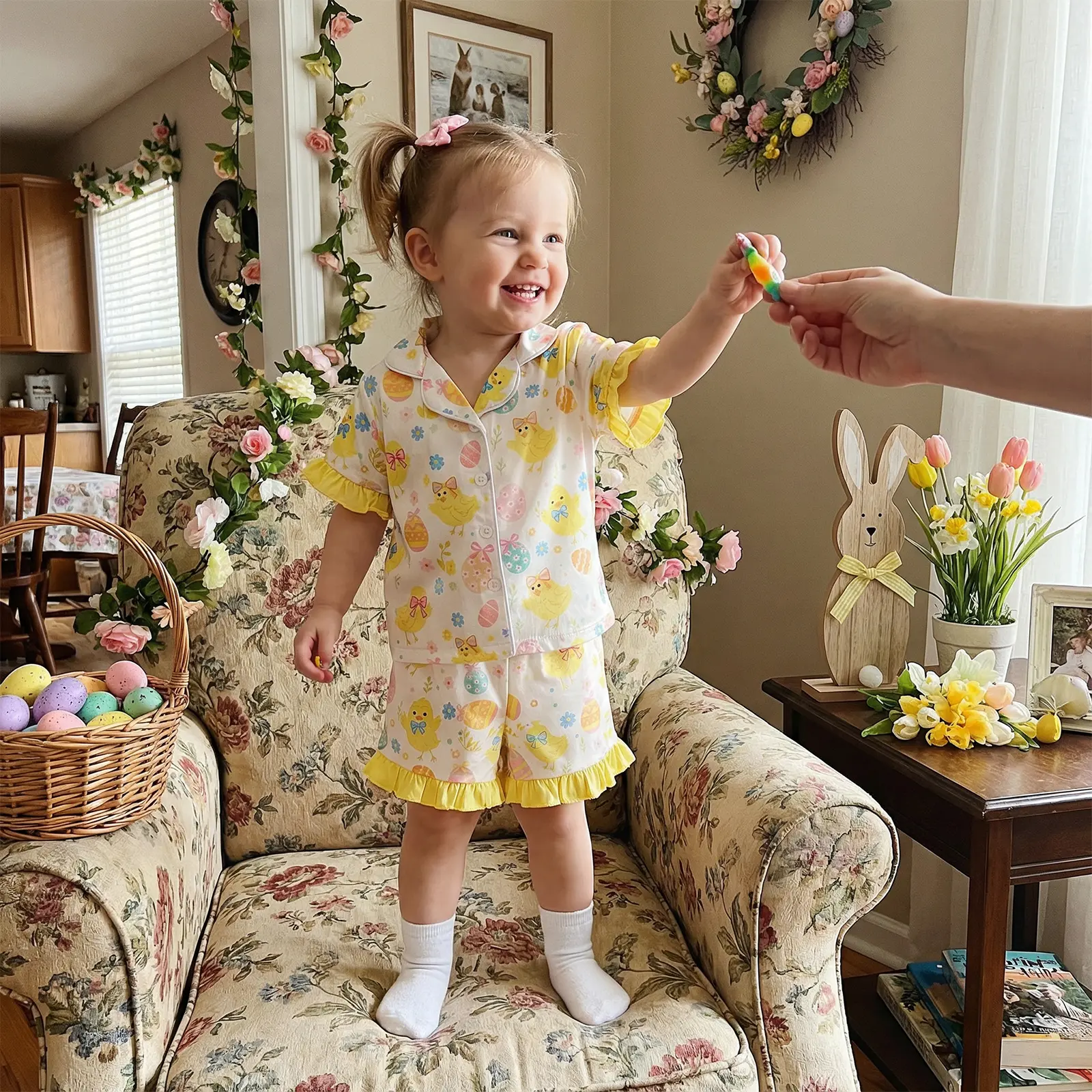 Toddler Girl's Cute Easter 2-Piece Pajama Set - Ruffled Short-Sleeve Top, Chick/Bunny Print Shorts Sleepwear Outfit (Baby & Maternity Gift Set), Short Sleeves