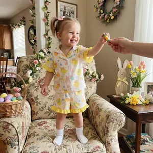 Toddler Little Girl Easter Pajama Set Chick/Bunny Ruffled Short Sleeve Tops and Shorts 2 Piece Sleepwear Outfit