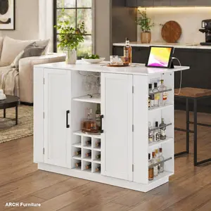 47.2" U-Shaped Arch Kitchen Island with Drop Leaf, Power Outlet, Wine Bar Cabinet (Bottle Rack & Glass Holder), 2-Door Buffet Sideboard with Side Shelves, Melamine MDF Coffee Bar - Quick Setup Apartment Furniture, Furniture for Studio Apartment, Furniture