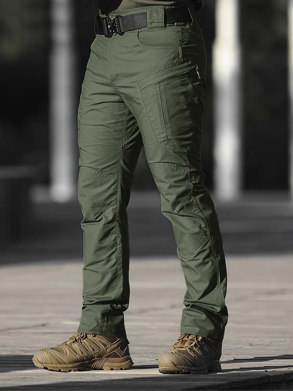 Men's Tactical Work Pants with Zipper Pockets, Plain Design, Durable Fabric, Casual Outdoor Hiking & Construction, Adjustable Waist